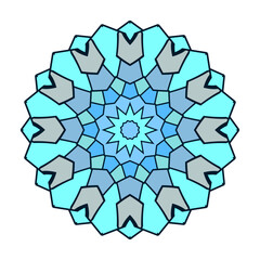 vierundzwanzigstrahliger stern mit einfachen grafischen elementen in den farben blau, hellblau und graublau, modern art