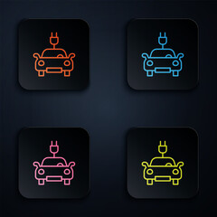 Color neon line Electric car and electrical cable plug charging icon isolated on black background. Renewable eco technologies. Set icons in square buttons. Vector