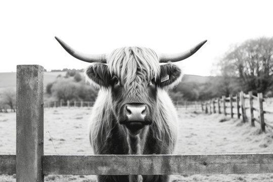 Close - up black and white photo of a highland cow staring at the cameras, ai generative