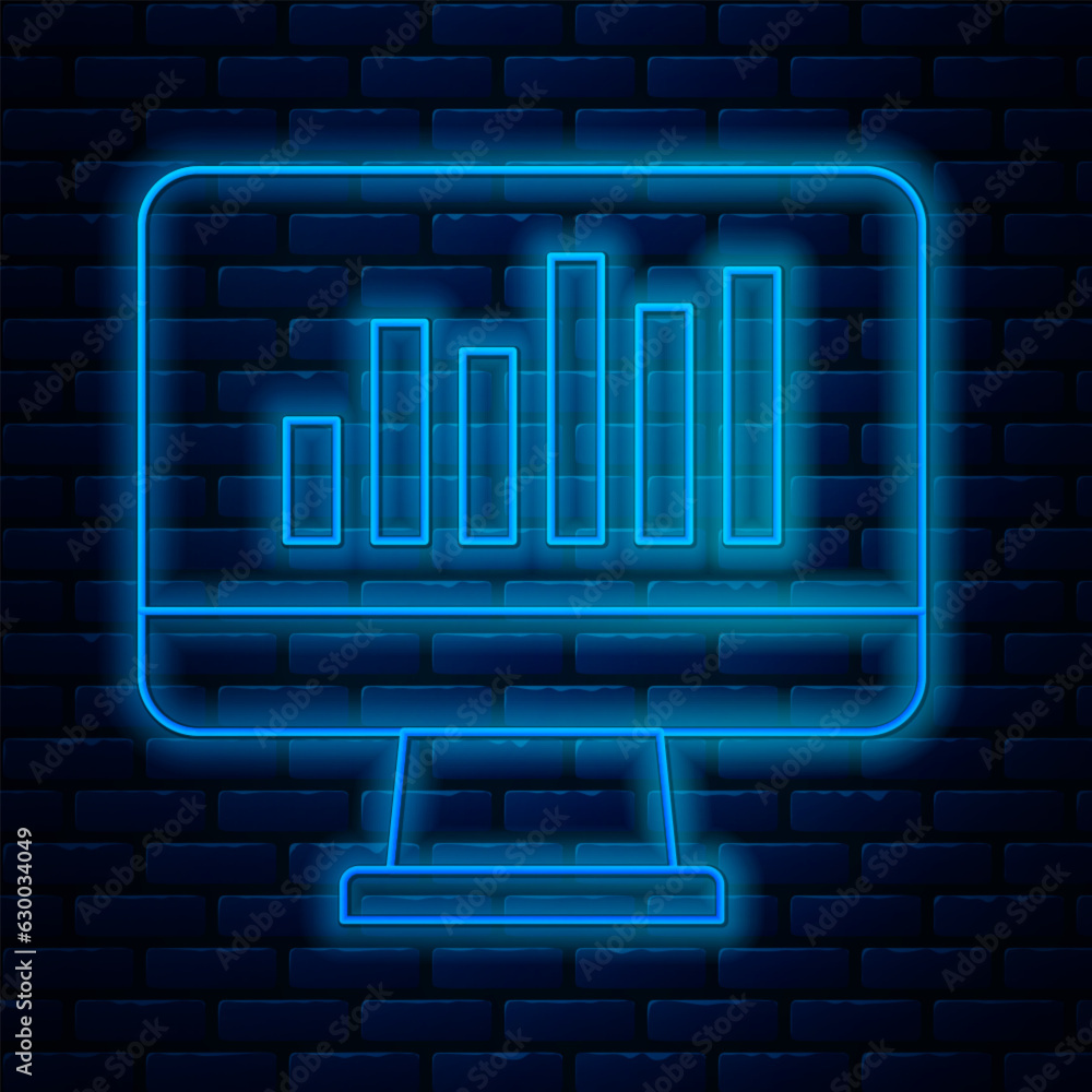 Poster glowing neon line computer monitor with graph chart icon isolated on brick wall background. report t