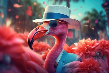 flamingo wearing summer sunglasses - obrazy, fototapety, plakaty