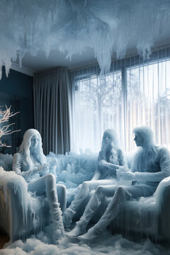 A conceptual image of a family frozen in their living room