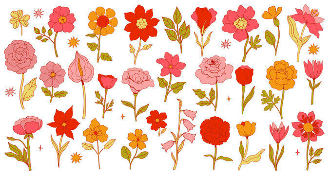 Big set of cute flowers isolated on white background. Vector graphics.
