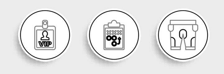 Set line American football shorts, VIP badge and Planning strategy concept icon. Vector