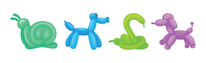 Toy Balloon with Twisted Bright Animals Vector Set