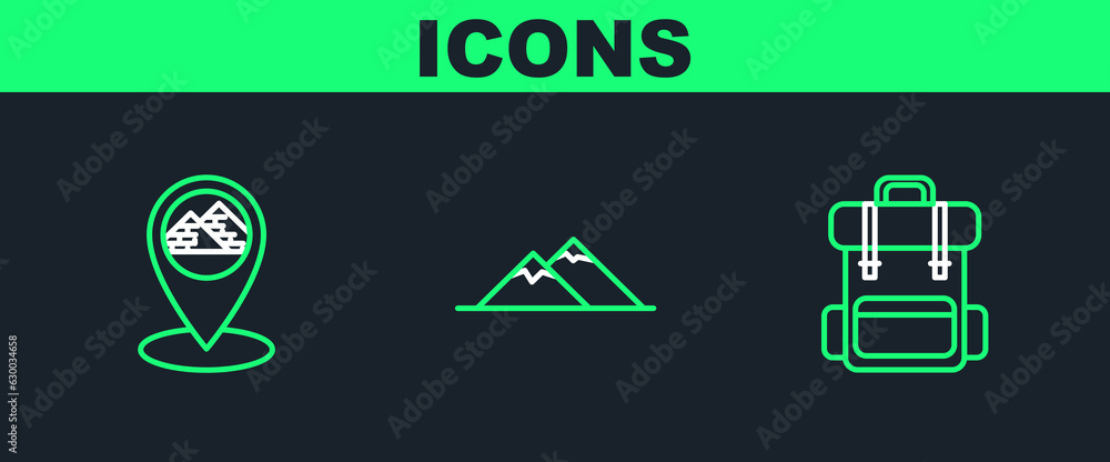 Poster set line hiking backpack, map pointer with egypt pyramids and mountains icon. vector