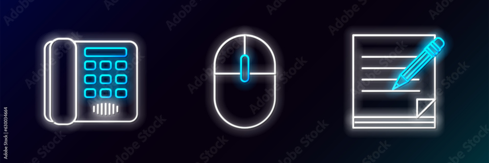 Poster set line blank notebook and pencil with eraser, telephone and computer mouse icon. glowing neon. vec