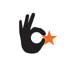 Hand holds star on palm line icon. Charity, customer review, rating symbol