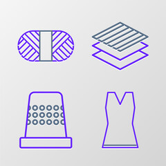 Set line Woman dress, Thimble for sewing, Textile fabric roll and Sewing thread on spool icon. Vector