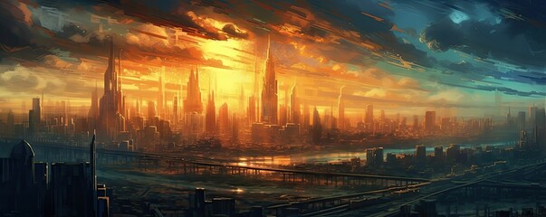 Sunset behind the urban skylne