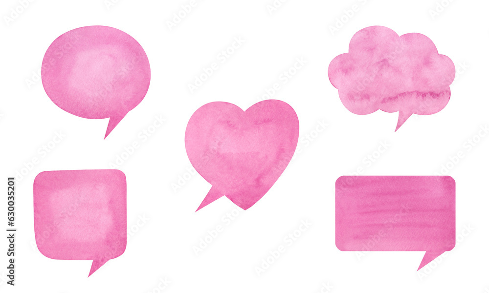 Poster a set of watercolor pink speech bubbles isolated on a white background. hand-drawn. an element for d