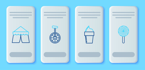 Set line Unicycle or one wheel bicycle, Ice cream in waffle cone, Circus tent and Lollipop icon. Vector © Oksana
