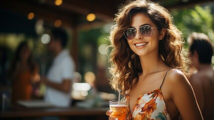 attractive young woman taking a refreshing drink at the pool