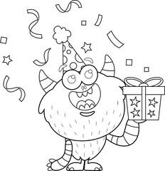 Outlined Birthday Monster Cartoon Character With Gift Box. Vector Hand Drawn Illustration Isolated On Transparent Background