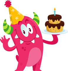 Funny Monster Cartoon Character Wearing A Party Hat And Holding A Birthday Cake. Vector Illustration Flat Design Isolated On Transparent Background