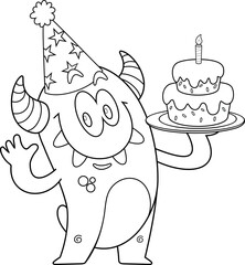 Outlined Funny Monster Cartoon Character Wearing A Party Hat And Holding A Birthday Cake. Vector Hand Drawn Illustration Isolated On Transparent Background