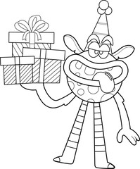 Outlined Funny Monster Cartoon Character With A Party Hat Holding Gift Boxes. Vector Hand Drawn Illustration Isolated On Transparent Background