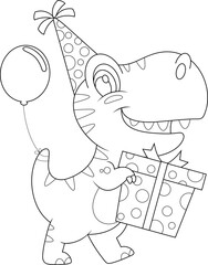 Outlined Funny Birthday Dinosaur Cartoon Character With A Party Hat Holding A Gift Box. Vector Hand Drawn Illustration Isolated On Transparent Background