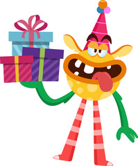 Funny Monster Cartoon Character With A Party Hat Holding Gift Boxes. Vector Illustration Flat Design Isolated On Transparent Background
