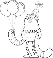 Outlined Birthday Monster Cartoon Character With A Party Hat Holding A Balloons. Vector Hand Drawn Illustration Isolated On Transparent Background