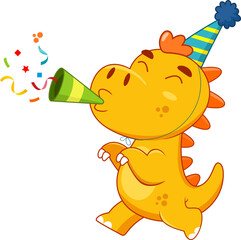 Happy Birthday Dinosaur Cartoon Character At A Party. Vector Illustration Flat Design Isolated On Transparent Background