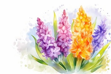 Watercolor flowers hyacinths on a white background. Floral card. Generative AI