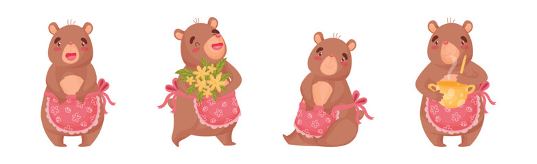 Cute Brown Bear Character Engaged in Different Activity Vector Set