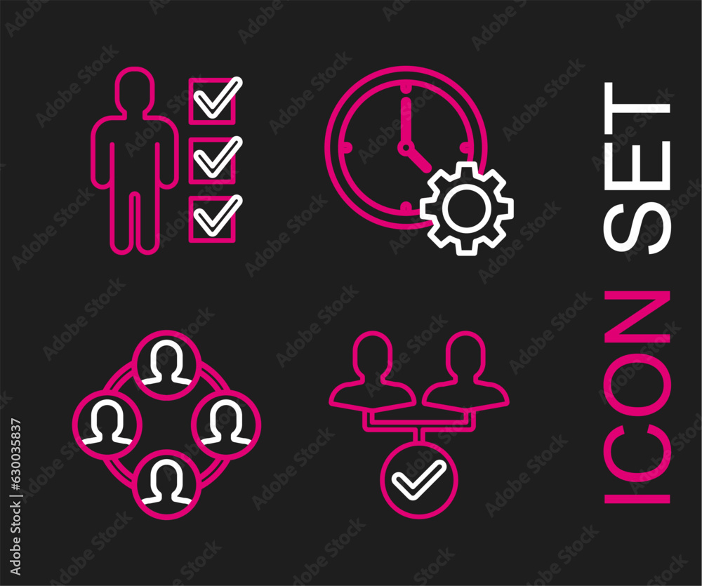 Poster set line project team base, time management and user of man in business suit icon. vector