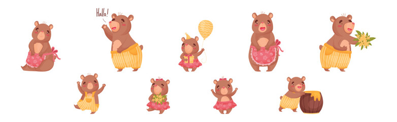 Cute Brown Bear Character Engaged in Different Activity Vector Set