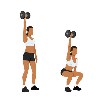 Woman doing single or one arm overhead dumbbell squats exercise. Flat vector illustration isolated on white background