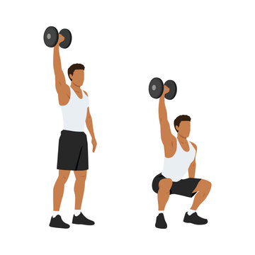 Man doing single or one arm overhead dumbbell squats exercise. Flat vector illustration isolated on white background