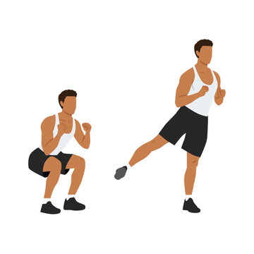 Man doing squats to side leg raises or leg lifts exercise. Flat vector illustration isolated on white background © lioputra