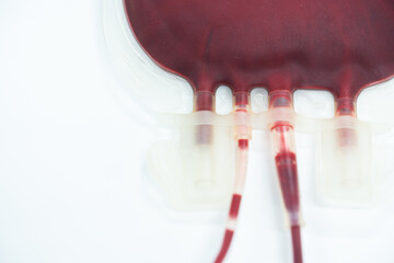 Blood pack for transfusion from donor.Full blood bag for accident's patient on white background in blood bank unit at laboratory.Safe life concept. - obrazy, fototapety, plakaty