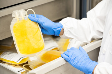 Doctor hand wearing blue gloves holding fresh frozen plasma bag in storage blood refrigerator at...