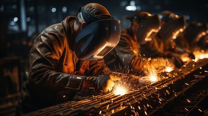 Men working in heavy industry and manufacturing facilities, wearing safety gear, especially in the iron and metal industries