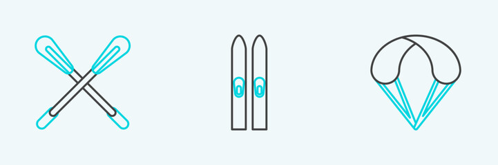 Set line Parachute, Crossed paddle and Ski and sticks icon. Vector