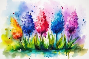 Watercolor flowers hyacinths on a white background. Floral card. Generative AI - obrazy, fototapety, plakaty