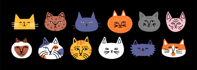 Funny cat animal head cartoon set in modern flat illustration style. Cute kitten pet collection, diverse breeds - domestic cats bundle.