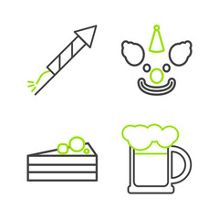 Set line Wooden beer mug, Cake, Clown head and Firework rocket icon. Vector