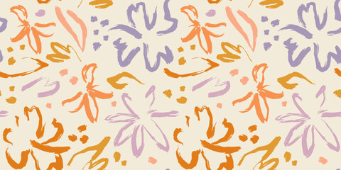 Materiał do szycia Abstract hand drawn flower art seamless pattern illustration. Acrylic paint nature floral background in vintage art style. Spring season painting print.