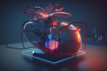 The electronic heart of an android human. Medicine of the future. World Heart Day. Generative AI