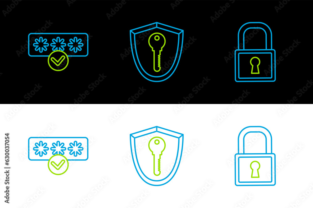 Poster set line lock, password protection and safety access and shield with key icon. vector