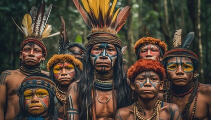 Group of Indigenous People of Amazonia Generative AI - obrazy, fototapety, plakaty