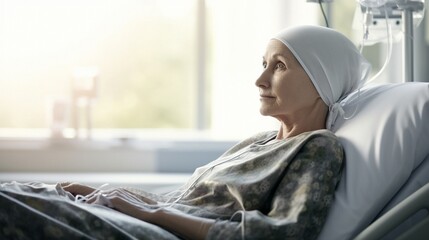 a cancer patient receiving chemotherapy while laying on a hospital bed.