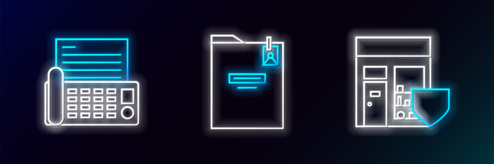 Set line Shopping building with shield, Fax machine and Personal folder icon. Glowing neon. Vector