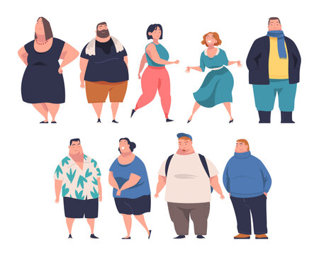 Full People Character with Plump Body Standing and Smiling Vector Set