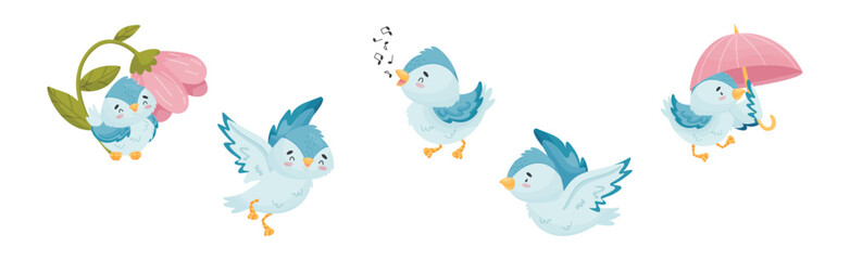Cute Blue Bird with Wings and Feathers Vector Set