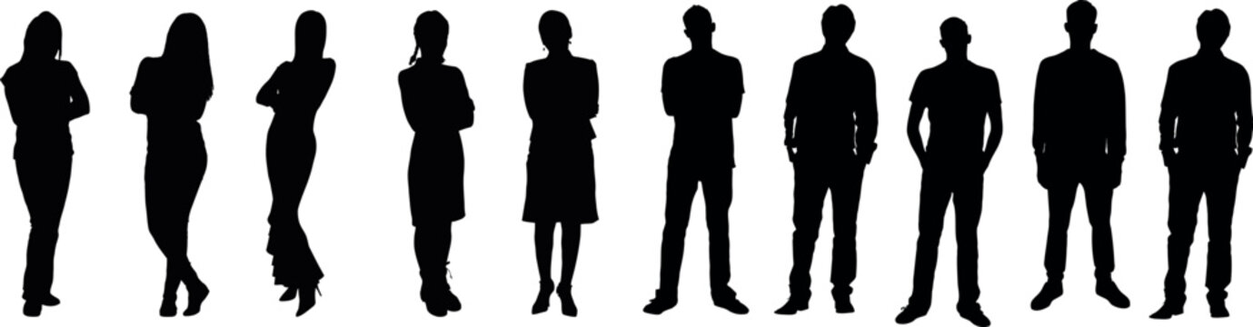 A vector illustration of a group of people standing in a row in silhouette. The silhouettes are black on a white background and show the diversity and unity of the group.