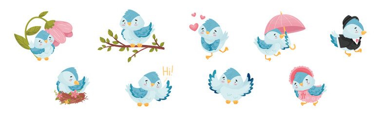 Cute Blue Bird with Wings and Feathers Vector Set