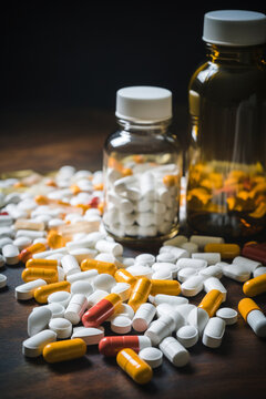 Prescription opioids with many bottles of pills in the background. Concepts of addiction, opioid crisis, overdose and doctor shopping. High quality photo